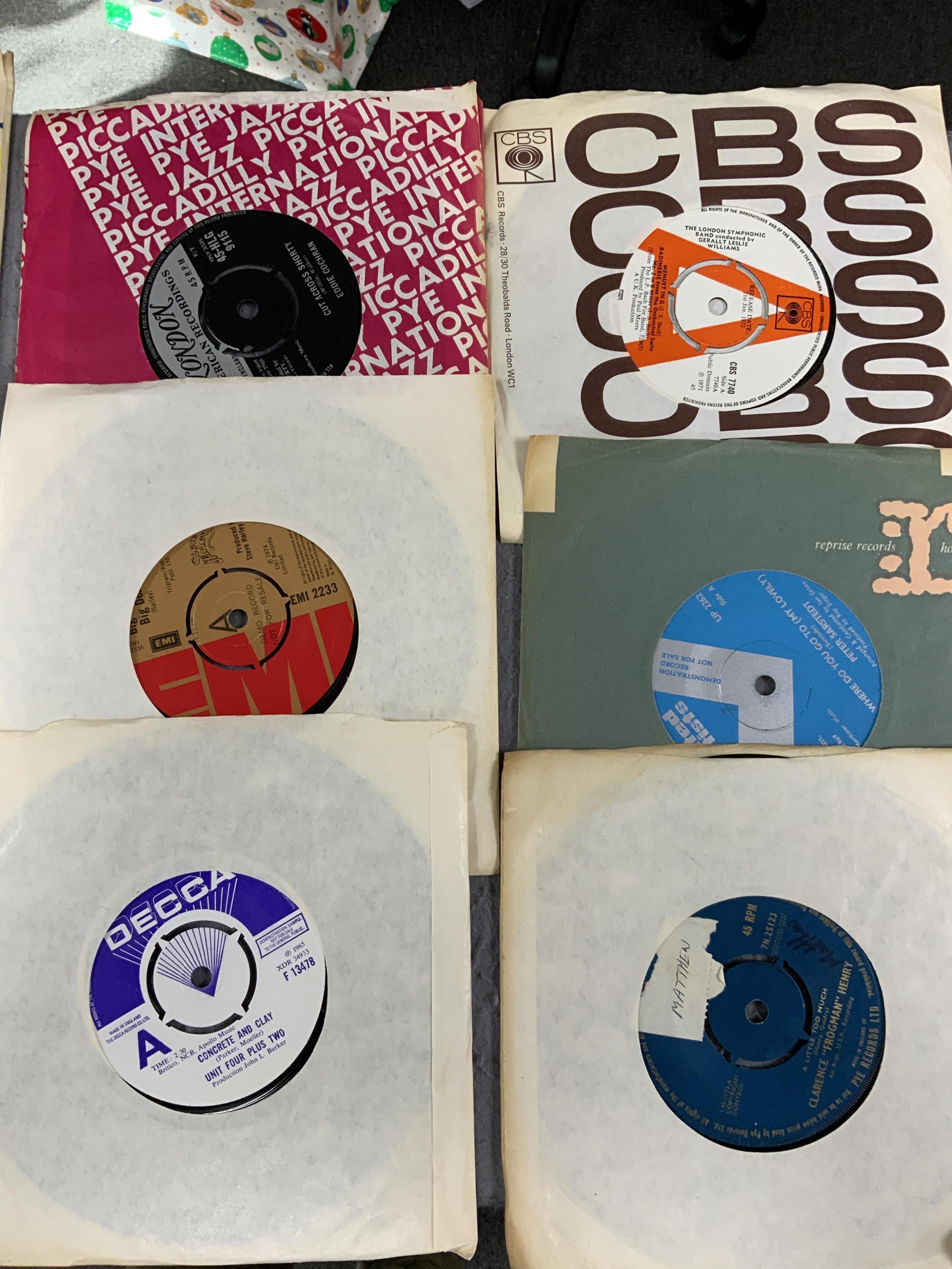 Eighty 7” singles, all with printed demo labels (some also with printed release date), record labels include; United Artists, CBS, Columbia, Parlophone, Pye, Atlantic, RCA, Decca, MGM, EMI, etc. Artists include; Mike Cli